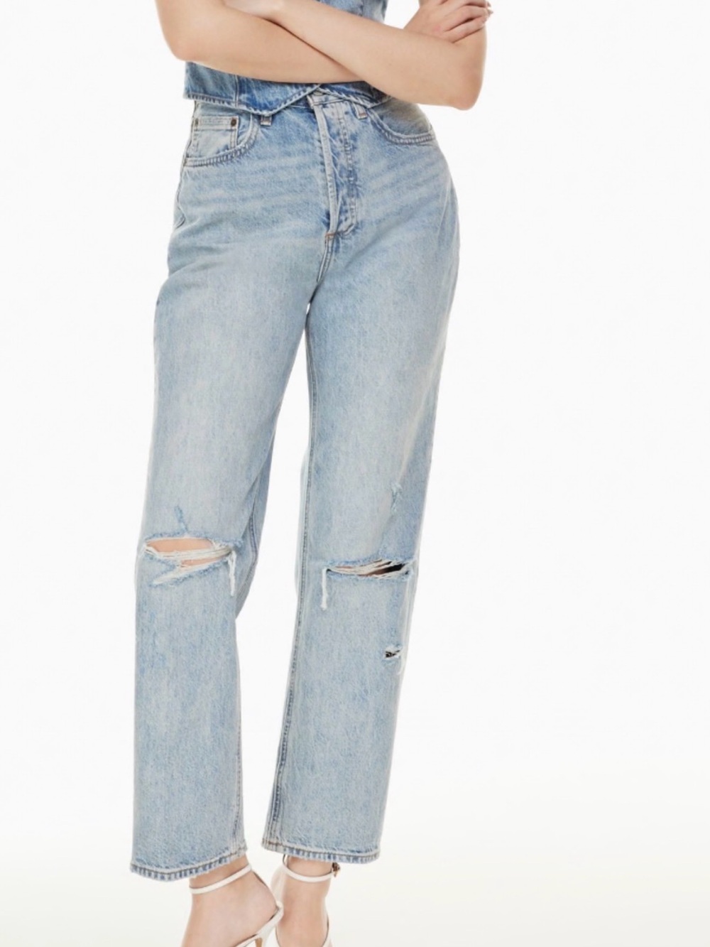 Denim Forum “The Joni Hi-Rise Loose” Distressed Straight Leg Jeans size 30